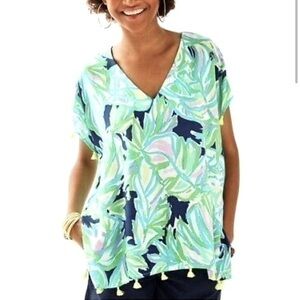 Lilly Pulitzer Sydney Caftan Resort Navy Uptown Trunk Tassel Top Xs/XXS